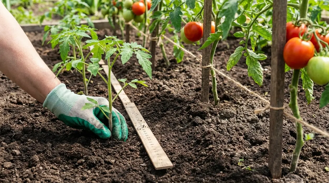 Mano con guanto misura la distanza tra piante di pomodoro nell’orto durante il trapianto