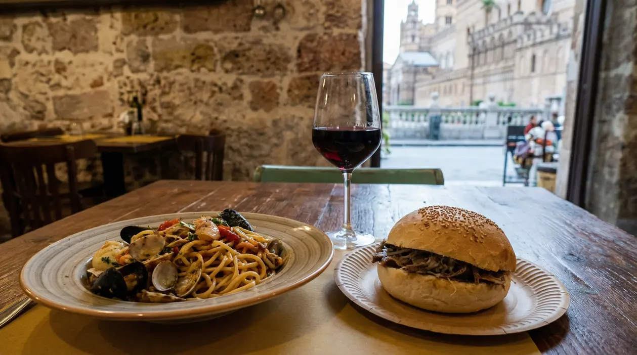 Piatto di pasta ai frutti di mare e panino con carne su tavolo di una trattoria a Palermo, con calice di vino rosso