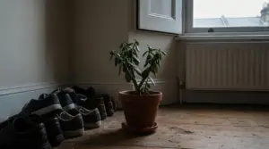 Albero di giada in vaso vicino a una finestra e a un termosifone, accanto a scarpe in casa