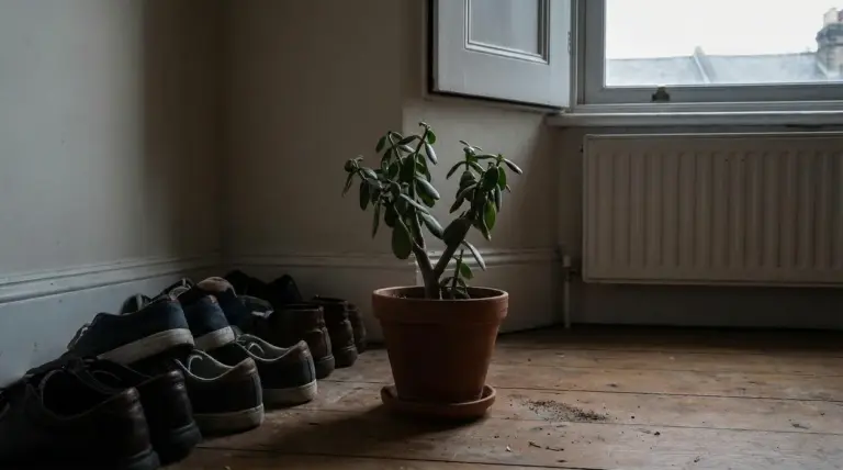 Albero di giada in vaso vicino a una finestra e a un termosifone, accanto a scarpe in casa
