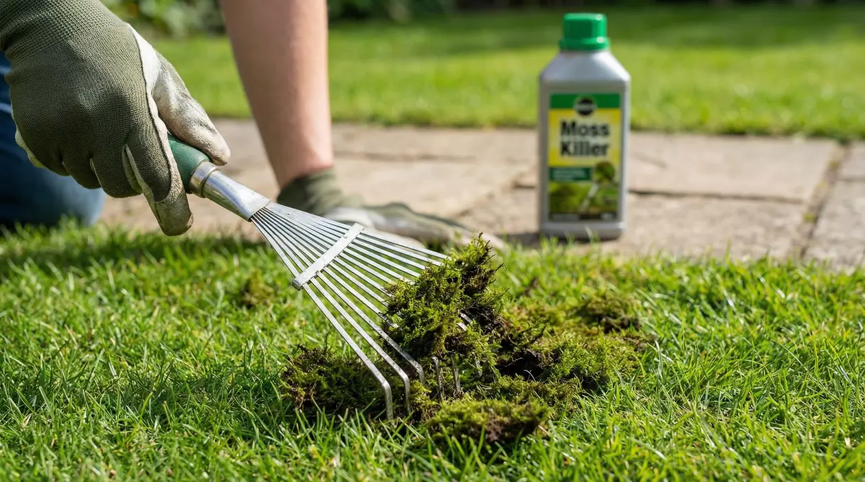 Persona con guanti rastrella il muschio dal prato, con prodotto anti-muschio sullo sfondo