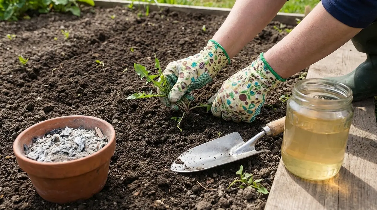 Persona estirpa erbacce a mano nell'orto con cenere, paletta e soluzione naturale in barattolo