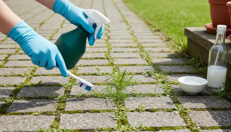 Mani con guanti puliscono le erbacce tra le fughe del vialetto con spazzolino e spruzzino senza rovinare le pietre