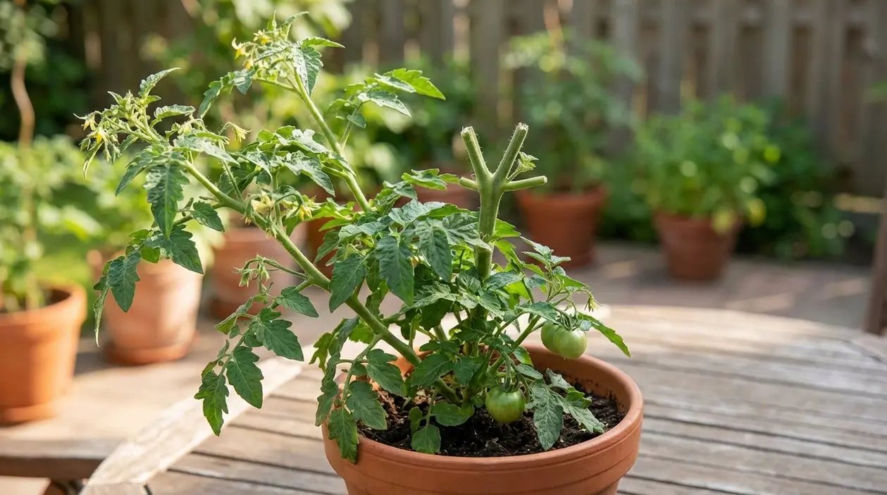 Pianta di pomodoro in vaso con rami potati e piccoli frutti verdi su un tavolo in giardino