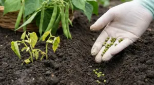 Mano con semi di fagiolino accanto a piantine ingiallite nell’orto, segno di semina nel periodo sbagliato