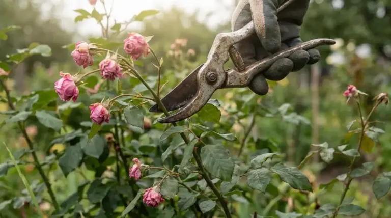 Forbici da potatura tagliano rose appassite in giardino durante la cura della pianta