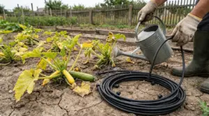 Persona che irriga piante di zucchine in orto con terreno secco e impianto a goccia
