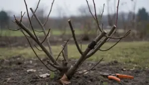 Cespuglio di rose appena potato in giardino con cesoie appoggiate a terra