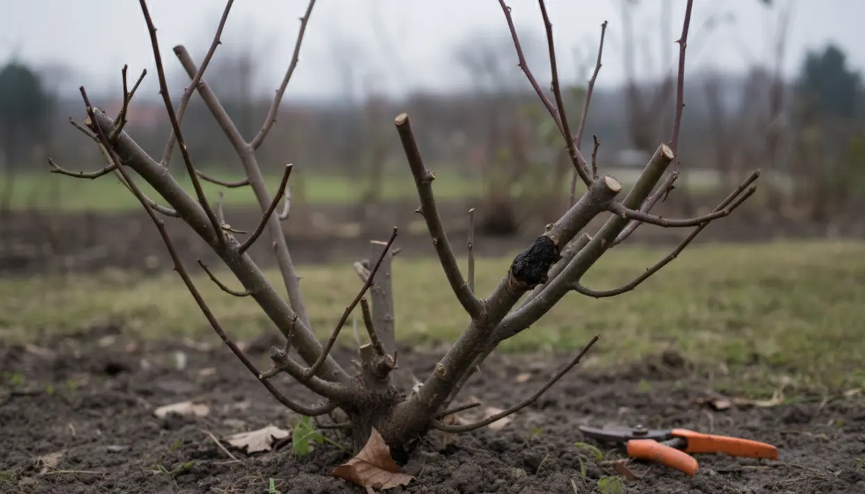 Cespuglio di rose appena potato in giardino con cesoie appoggiate a terra