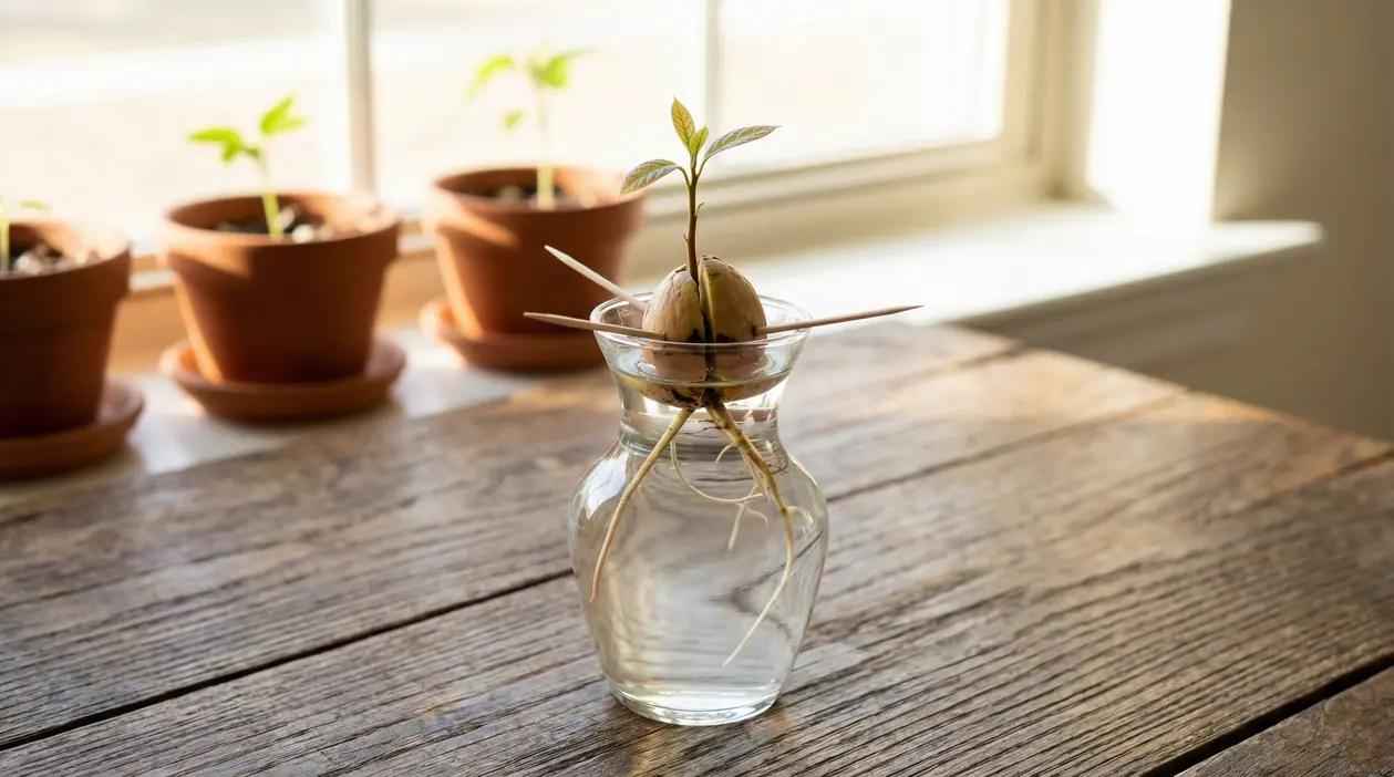 Seme di avocado in acqua con stuzzicadenti, radici e germoglio, appoggiato su un vaso di vetro vicino a una finestra