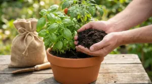 Mani che aggiungono fertilizzante naturale a una pianta in vaso su un tavolo da giardino