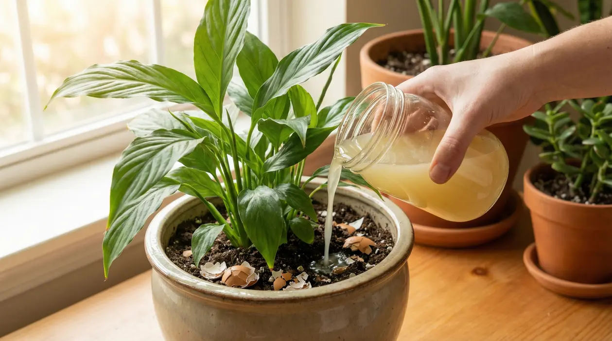 Mano che versa fertilizzante liquido naturale in un vaso con pianta verde da appartamento vicino alla finestra