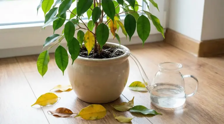 Ficus in vaso con foglie ingiallite e cadute sul pavimento, con annaffiatoio vicino alla finestra