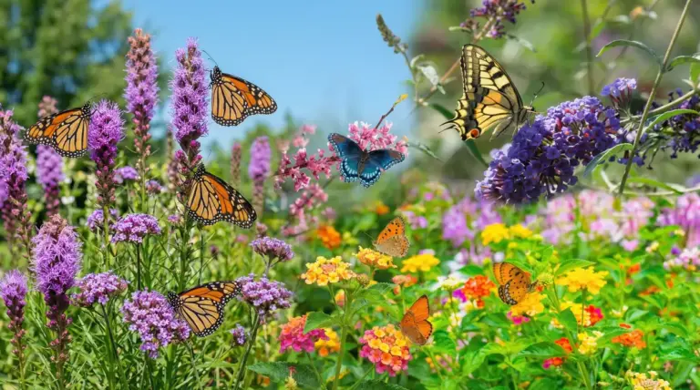 Farfalle colorate posate su fiori viola, rosa e gialli in un giardino ricco di piante nettarifere