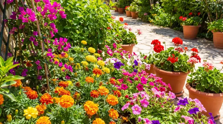 Giardino soleggiato con fiori resistenti al caldo in vaso e in aiuola, tra gerani, petunie e bouganville