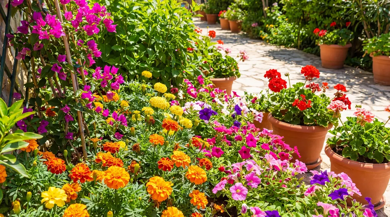 Giardino soleggiato con fiori resistenti al caldo in vaso e in aiuola, tra gerani, petunie e bouganville