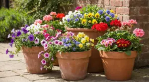 Grandi vasi in terracotta con fiori colorati da esterno, ideali per un balcone o giardino fiorito tutto l’anno