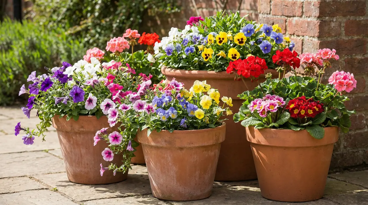 Grandi vasi in terracotta con fiori colorati da esterno, ideali per un balcone o giardino fiorito tutto l’anno