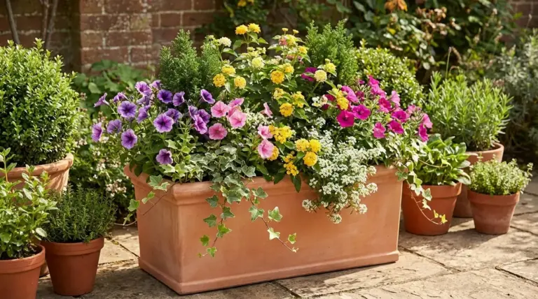 Grande vaso rettangolare in terracotta con fiori colorati e edera ricadente, circondato da altri vasi in giardino
