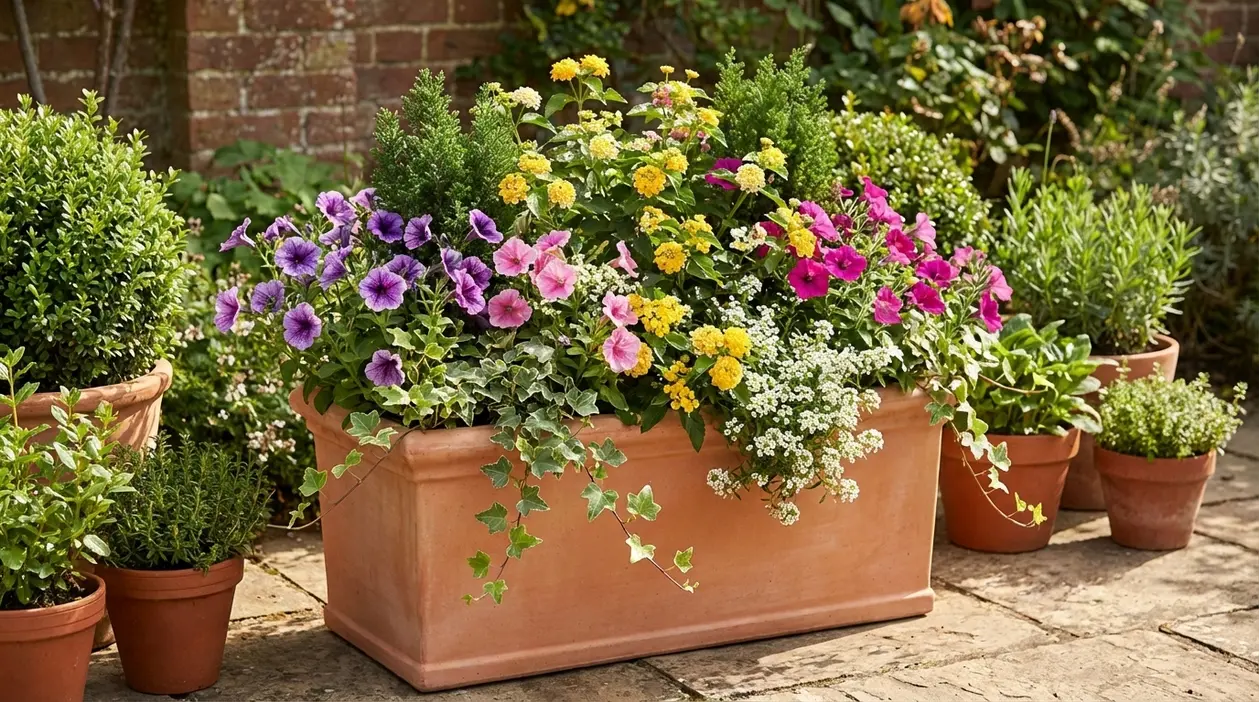 Grande vaso rettangolare in terracotta con fiori colorati e edera ricadente, circondato da altri vasi in giardino