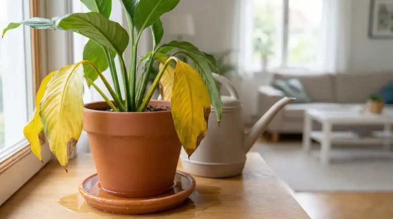 Pianta da interno in vaso di terracotta con foglie ingiallite, vicino a una finestra e a un annaffiatoio
