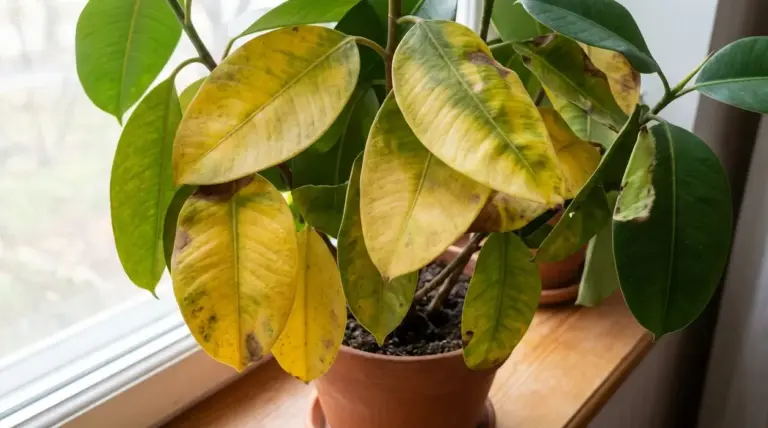 Pianta da interno in vaso con foglie ingiallite e macchie scure vicino a una finestra