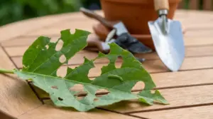 Foglia con fori da insetti e piccolo bruco verde su un tavolo da giardinaggio