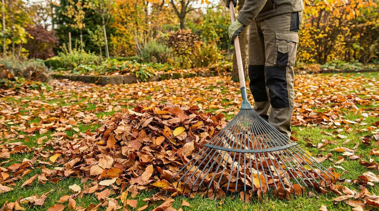 Persona rastrella foglie secche in giardino in autunno, creando un mucchio di foglie sul prato