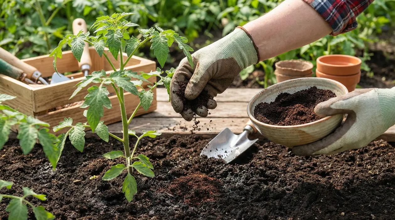 Mani con guanti spargono fondi di caffè nel terreno vicino a una piantina di pomodoro nell’orto