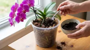 Persona che aggiunge fondi di caffè a un’orchidea in vaso vicino a una finestra