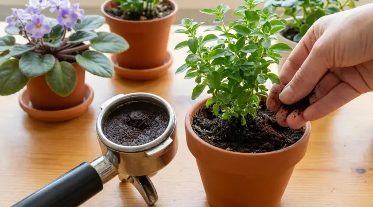 Mano che aggiunge fondi di caffè a una pianta in vaso accanto a un portafiltro pieno di caffè usato