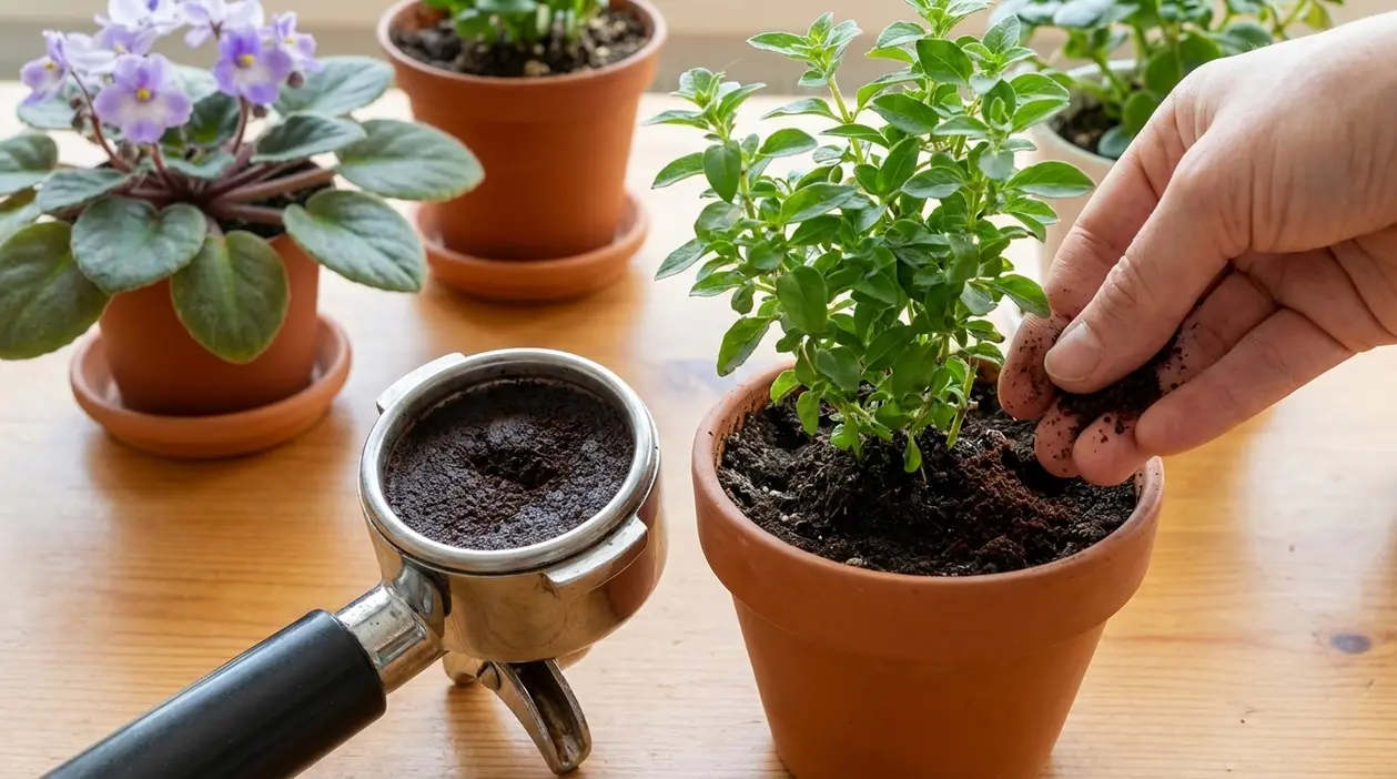 Mano che aggiunge fondi di caffè a una pianta in vaso accanto a un portafiltro pieno di caffè usato