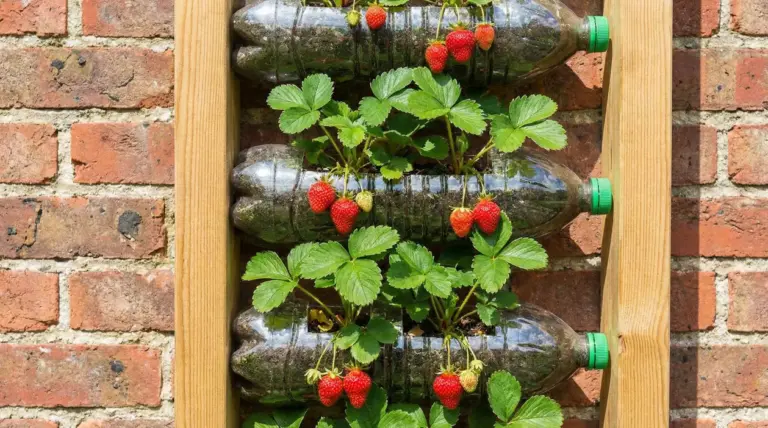 Piante di fragole coltivate in bottiglie di plastica appese in verticale su un supporto di legno, con frutti maturi