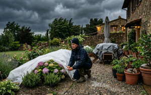 Donna che copre le piante con un telo protettivo in un giardino di campagna prima di una tempesta.
