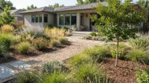 Giardino a bassa manutenzione con ghiaia, lastre in pietra, erbe ornamentali e aiuole pacciamate davanti a una casa