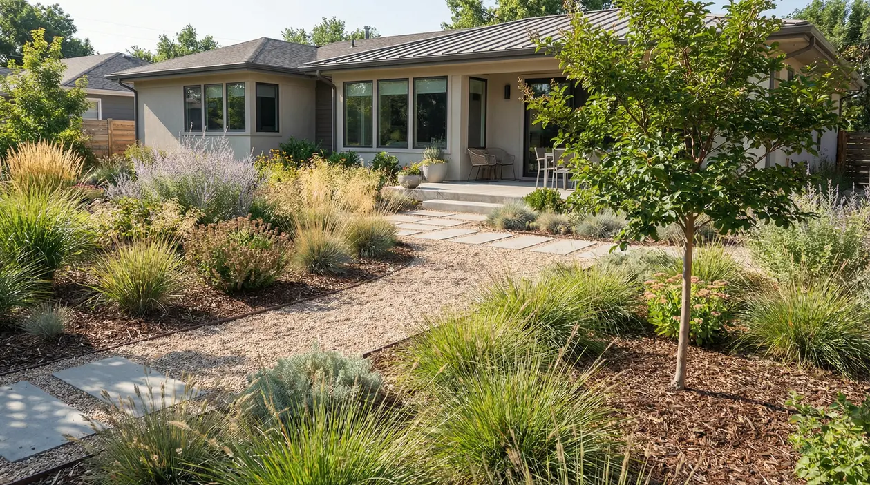 Giardino a bassa manutenzione con ghiaia, lastre in pietra, erbe ornamentali e aiuole pacciamate davanti a una casa