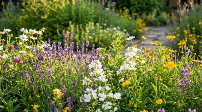 Giardino fiorito con lavanda e fiori misti, ideale per attirare api e altri impollinatori