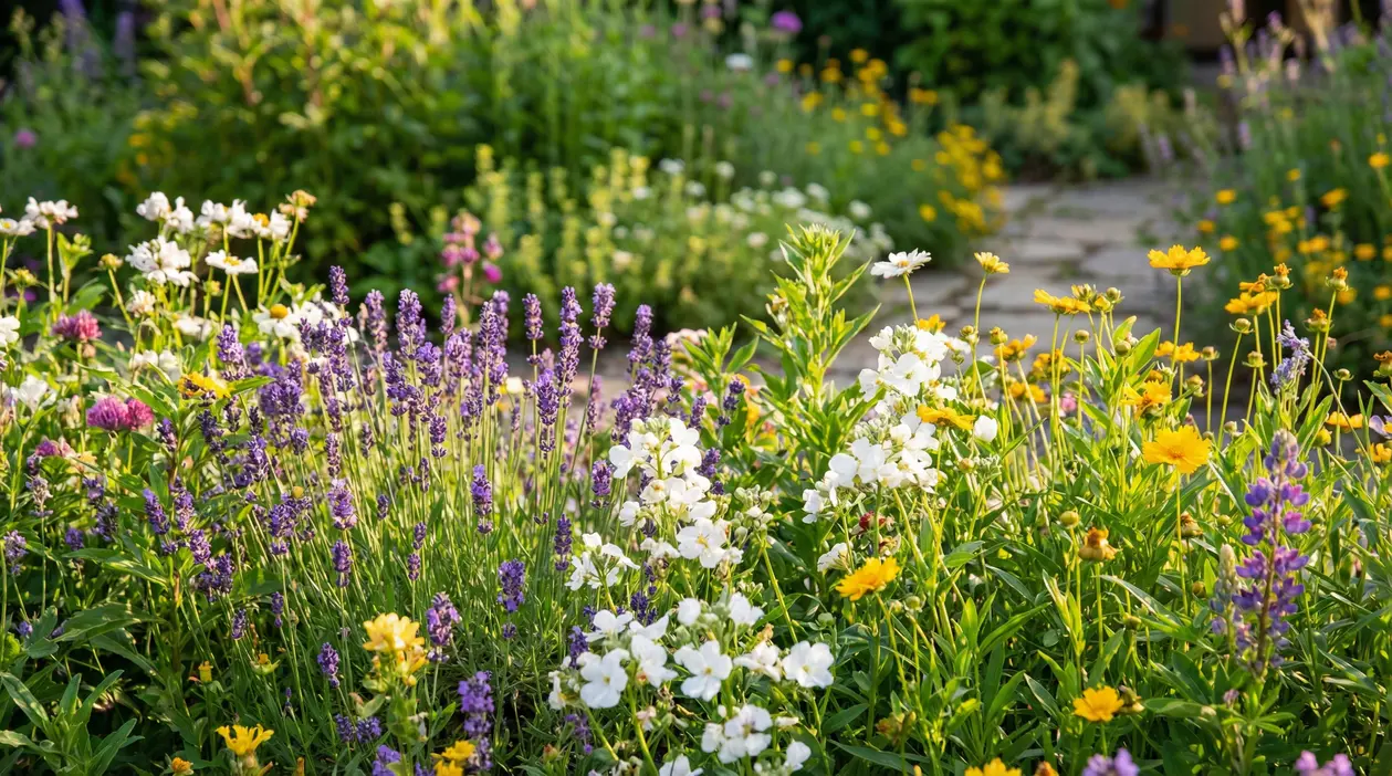 Giardino fiorito con lavanda e fiori misti, ideale per attirare api e altri impollinatori