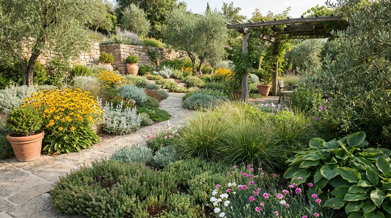 Giardino mediterraneo con vialetto in pietra, ulivi e piante ornamentali a bassa manutenzione