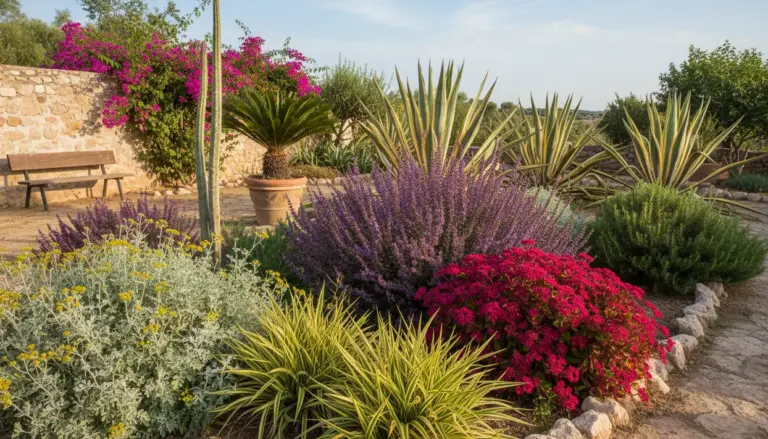 Giardino mediterraneo con piante resistenti alla siccità, lavanda, agave e arbusti fioriti