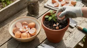 Mano con guanto aggiunge gusci d'uovo sbriciolati nel terriccio di un vaso con piantina su tavolo da giardinaggio