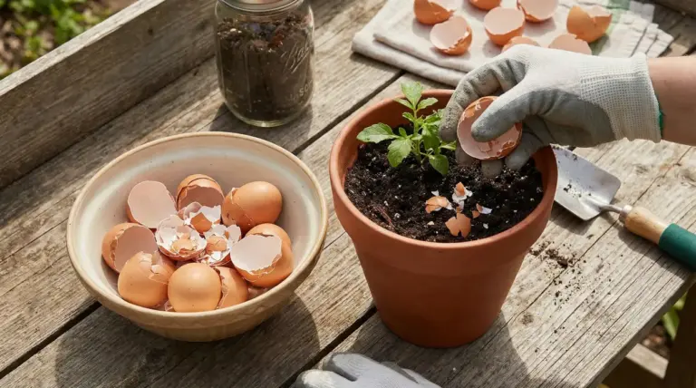 Mano con guanto aggiunge gusci d'uovo sbriciolati nel terriccio di un vaso con piantina su tavolo da giardinaggio