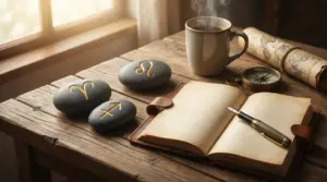 Tavolo in legno con taccuino aperto, penna, tazza fumante e pietre con simboli zodiacali, atmosfera calda