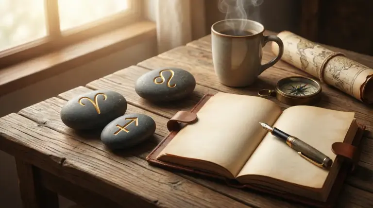 Tavolo in legno con taccuino aperto, penna, tazza fumante e pietre con simboli zodiacali, atmosfera calda