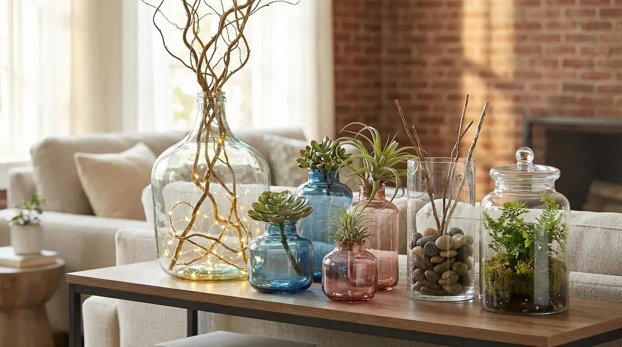 Vasi di vetro decorativi in salotto con rami, lucine, piante grasse, sassi e terrario su un tavolo