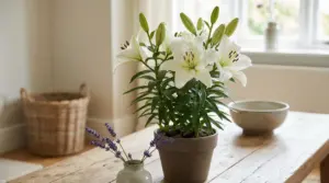 Giglio bianco in vaso su un tavolo di legno, ideale per profumare la casa in modo naturale