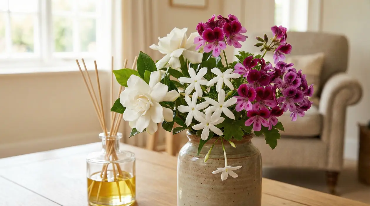 Bouquet di fiori bianchi e rosa in vaso su tavolino in salotto, accanto a diffusore di profumo con bastoncini