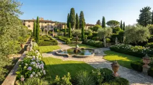 Giardino all’italiana con siepi geometriche, fontana centrale e villa storica sullo sfondo al tramonto