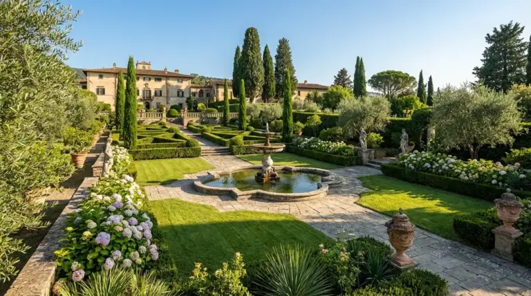 Giardino all’italiana con siepi geometriche, fontana centrale e villa storica sullo sfondo al tramonto
