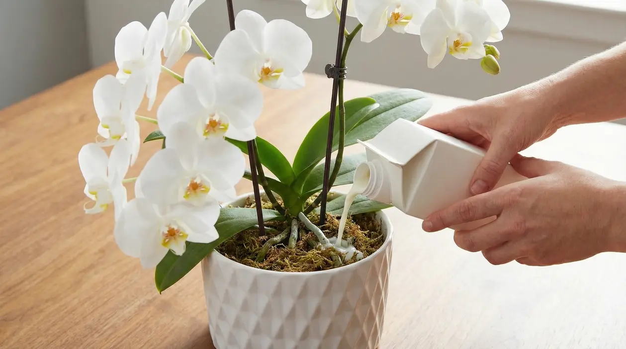 Persona che versa fertilizzante in un vaso di orchidea bianca in fiore su un tavolo